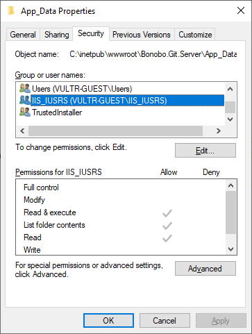 Permissions for the IIS User on the App_Data directory